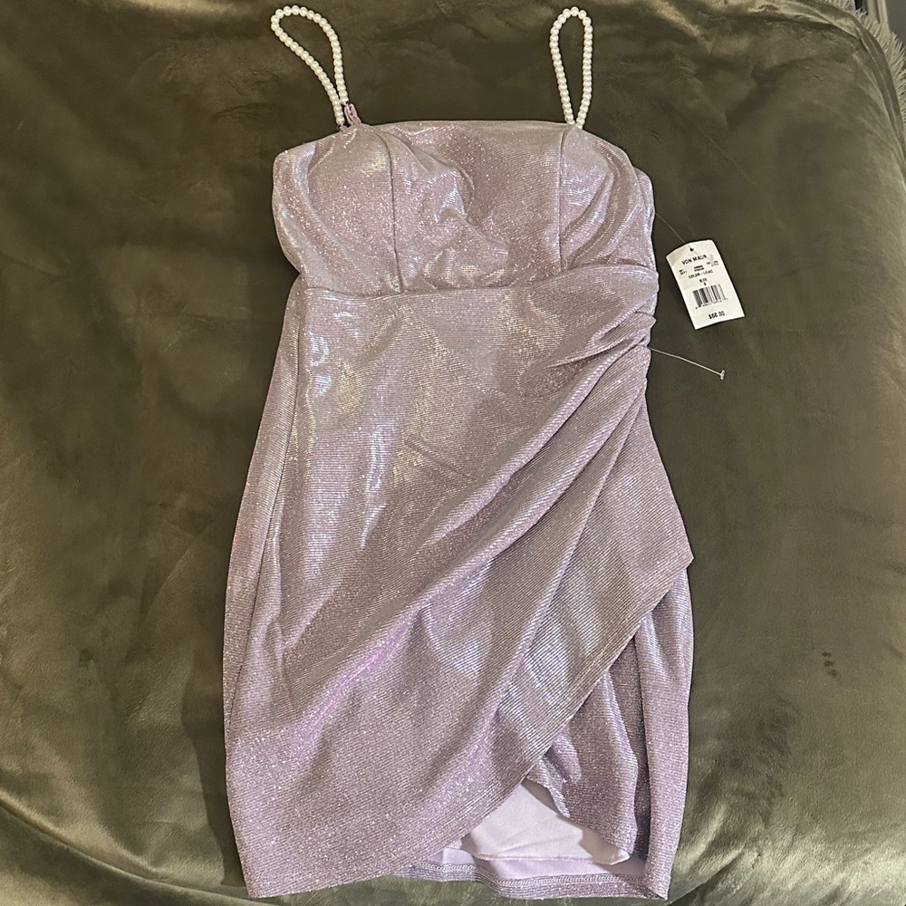 Crystal Doll Shimmering Lavender Mini Dress with Pearl Straps